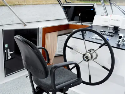 Cockpit of Drait 133, a De Drait Advantage 38 motorboat at Drachten, Netherlands