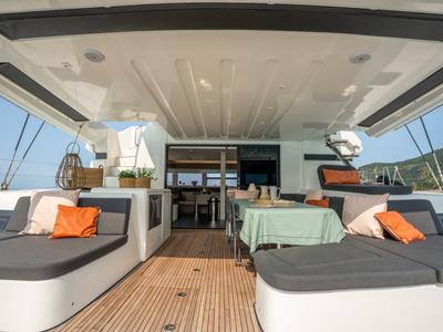 Deck of Vega, a Lagoon 55 catamaran at Capo d'Orlando, Italy