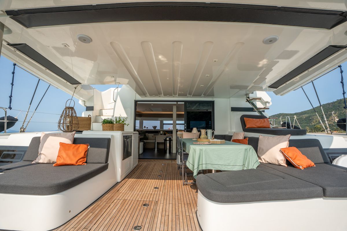 Deck of Vega, a Lagoon 55 catamaran at Capo d'Orlando, Italy