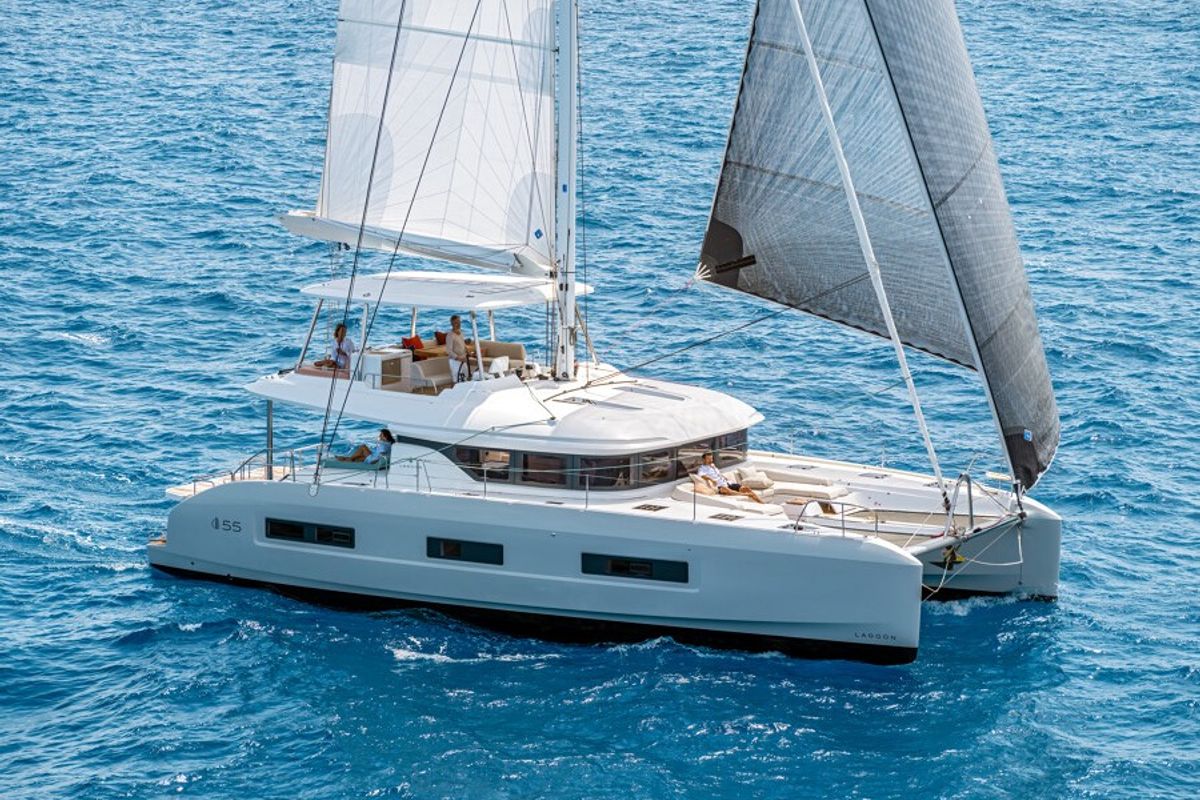 Exterior view of Vega, a Lagoon 55 catamaran at Capo d'Orlando, Italy