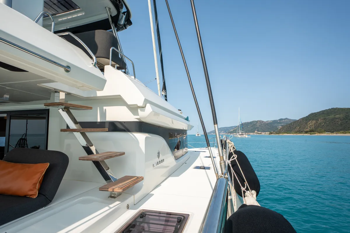 Deck of Vega, a Lagoon 55 catamaran at Capo d'Orlando, Italy