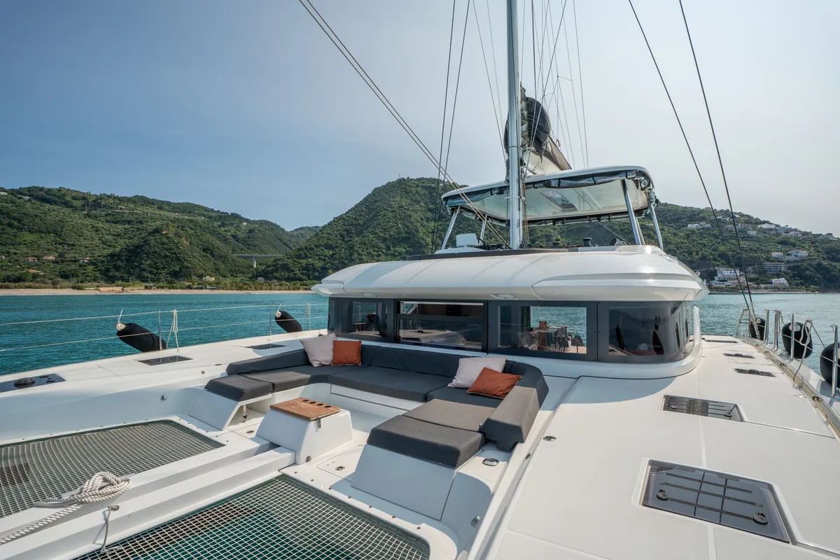 Deck of Vega, a Lagoon 55 catamaran at Capo d'Orlando, Italy