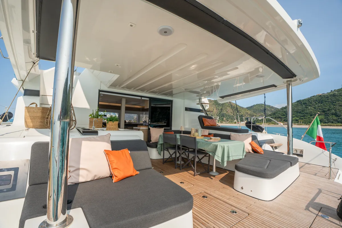 Deck of Vega, a Lagoon 55 catamaran at Capo d'Orlando, Italy