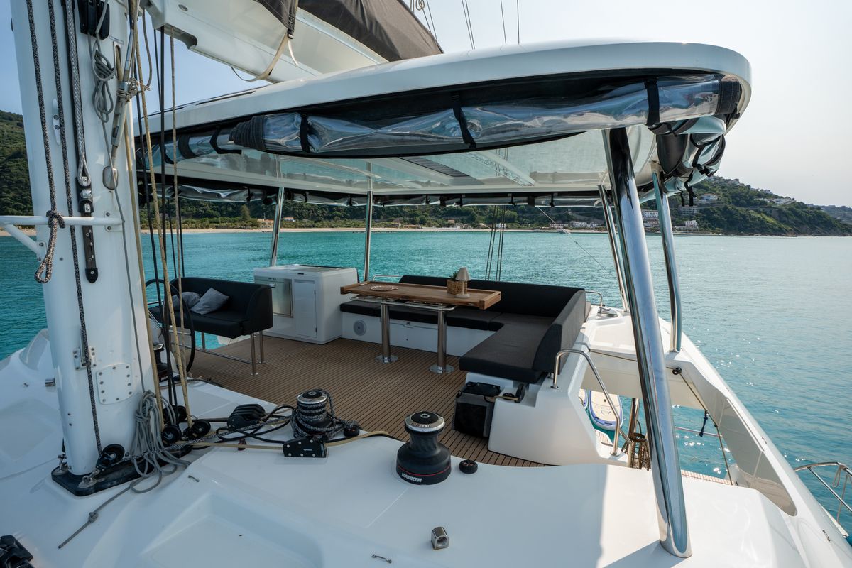 Deck of Vega, a Lagoon 55 catamaran at Capo d'Orlando, Italy