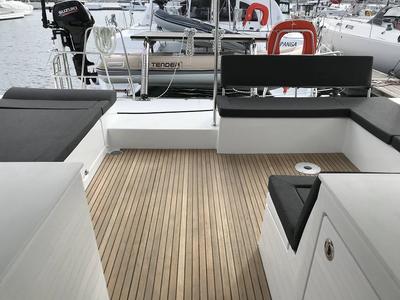Deck of Remire, a Lagoon 450 Sport catamaran at Eden Island Marina, Seychelles