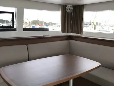 Salon of Remire, a Lagoon 450 Sport catamaran at Eden Island Marina, Seychelles