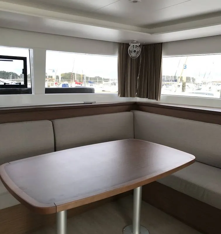 Salon of Remire, a Lagoon 450 Sport catamaran at Eden Island Marina, Seychelles