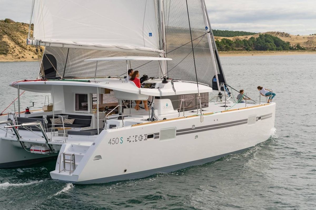 Exterior view of Remire, a Lagoon 450 Sport catamaran at Eden Island Marina, Seychelles