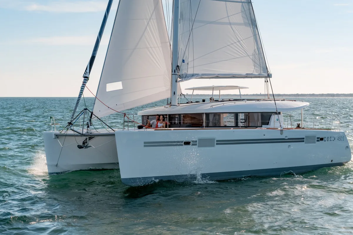 Exterior view of Remire, a Lagoon 450 Sport catamaran at Eden Island Marina, Seychelles