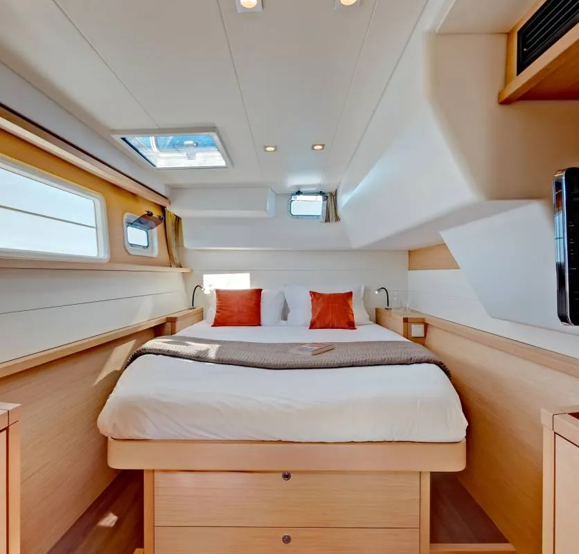 Cabin on Remire, a Lagoon 450 Sport catamaran at Eden Island Marina, Seychelles