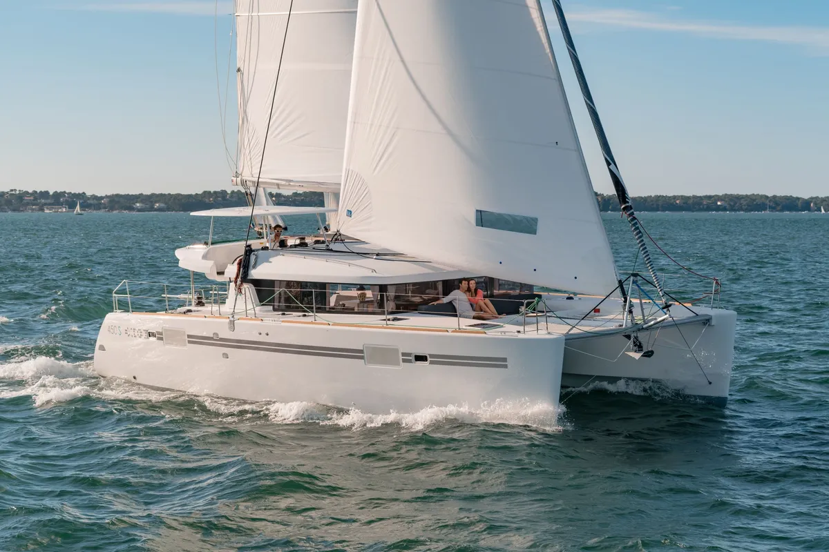 Exterior view of Remire, a Lagoon 450 Sport catamaran at Eden Island Marina, Seychelles