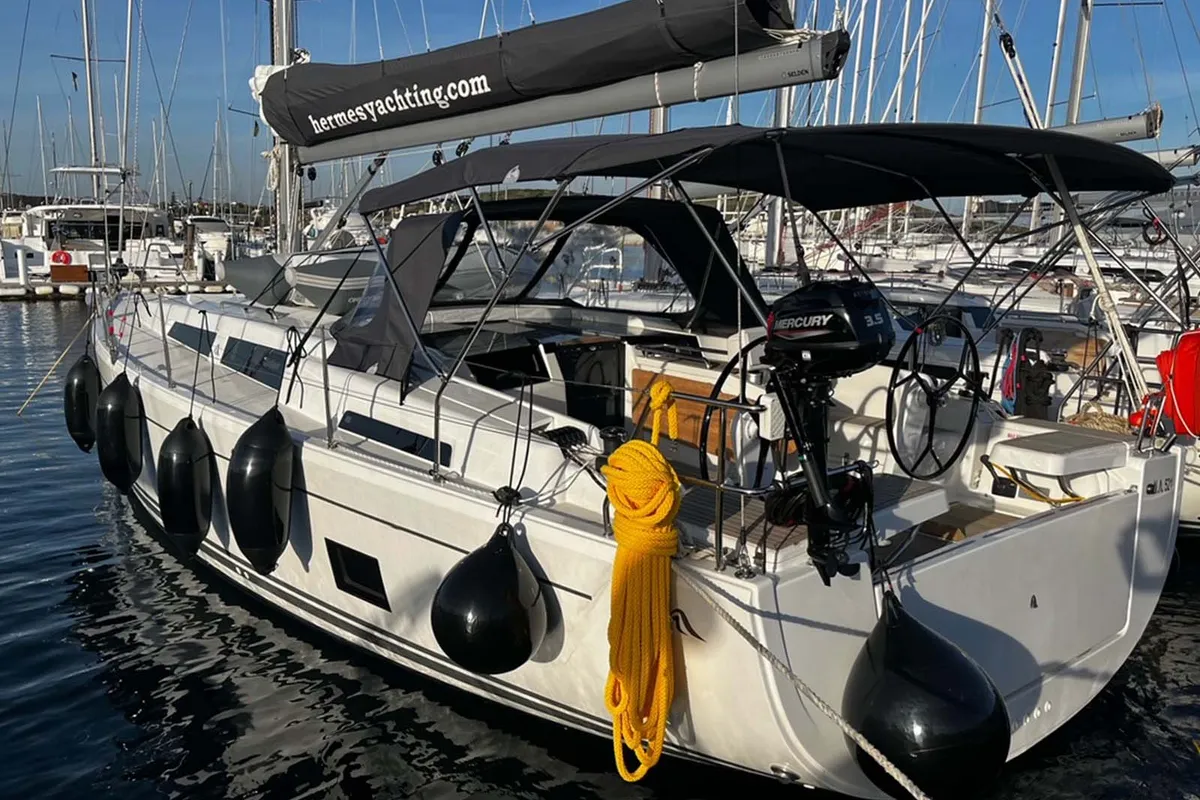 Exterior view of Anyma, a Hanse Yachts Hanse 418 sailboat at Lavreotiki Municipal Unit, Greece