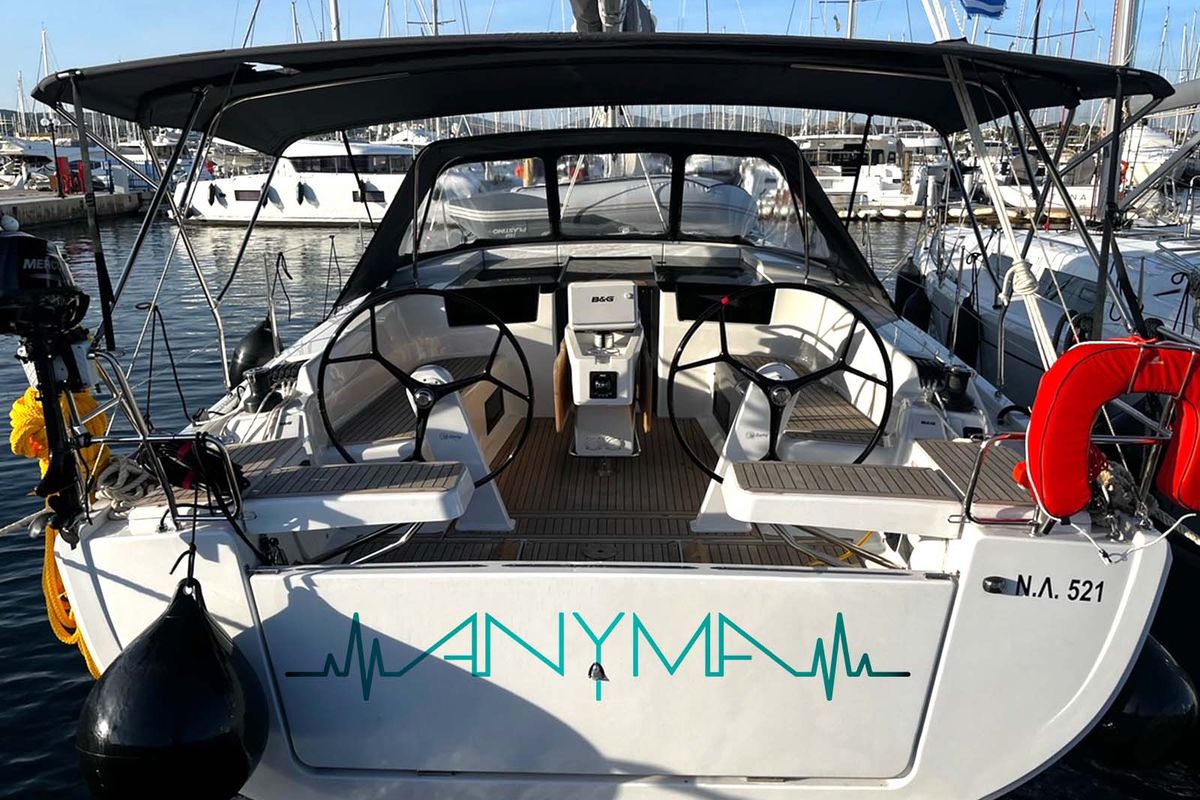 Cockpit of Anyma, a Hanse Yachts Hanse 418 sailboat at Lavreotiki Municipal Unit, Greece