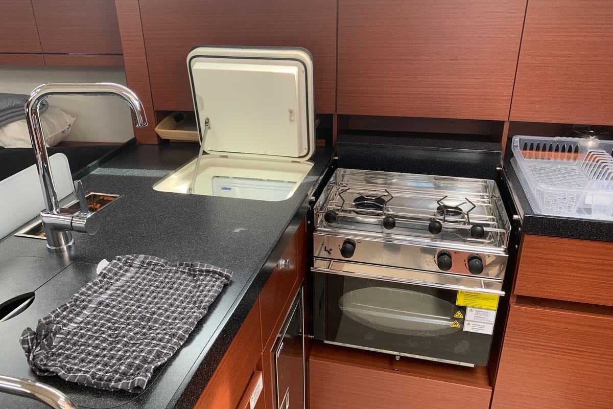 Galley of Anyma, a Hanse Yachts Hanse 418 sailboat at Lavreotiki Municipal Unit, Greece