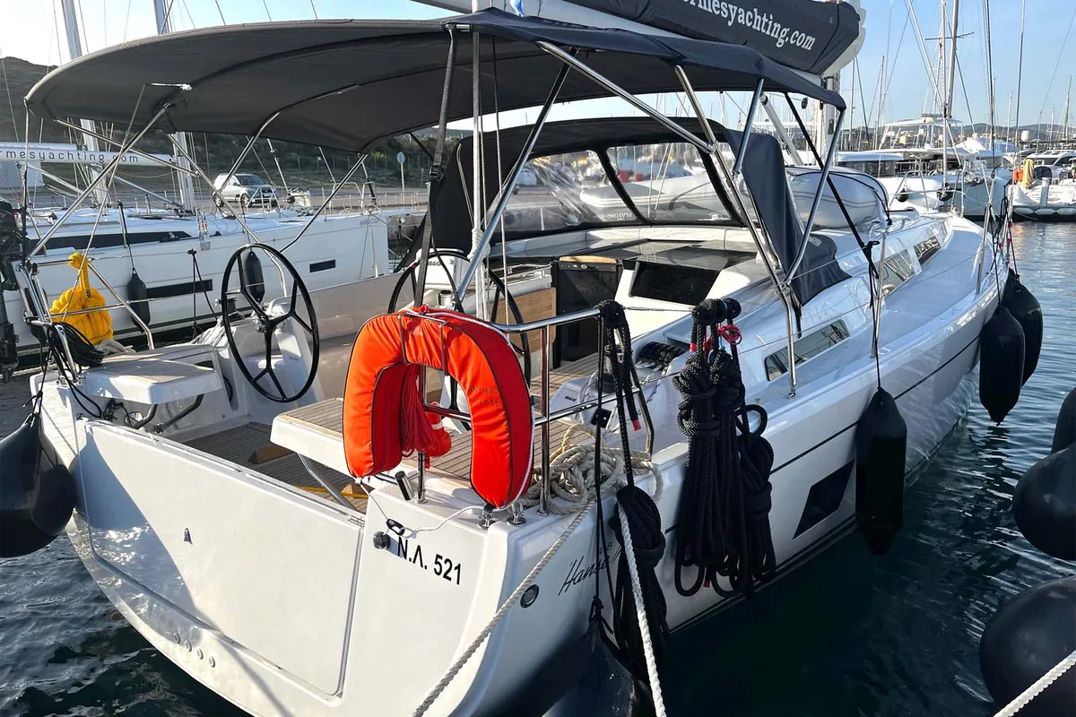 Exterior view of Anyma, a Hanse Yachts Hanse 418 sailboat at Lavreotiki Municipal Unit, Greece