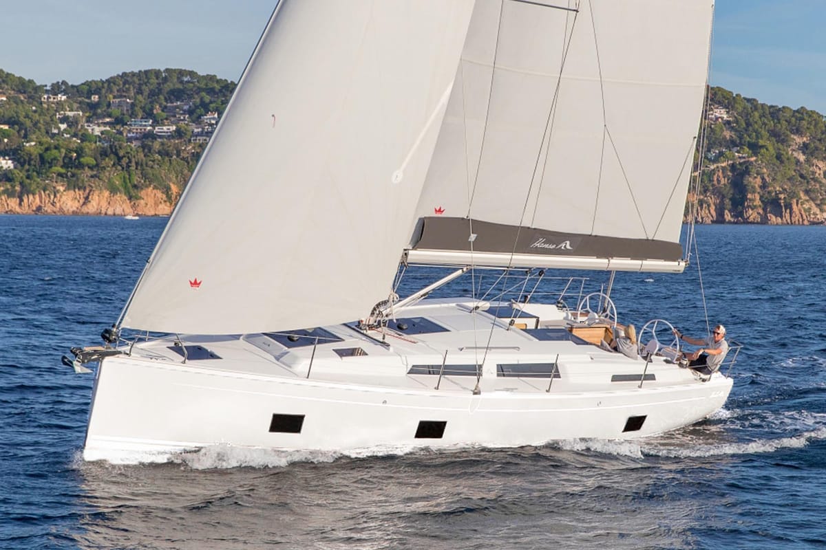 Exterior view of Anyma, a Hanse Yachts Hanse 418 sailboat at Lavreotiki Municipal Unit, Greece