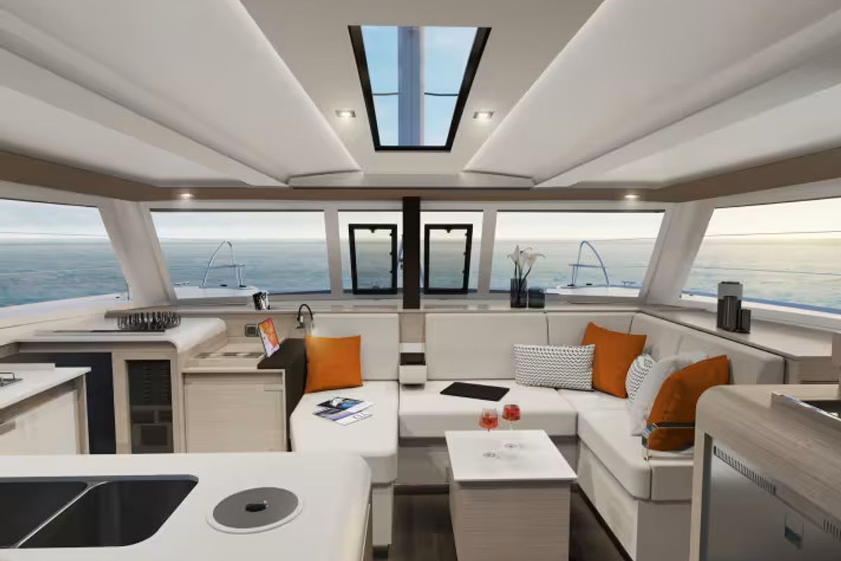 Salon of La Dolce Vita, a Fountaine Pajot Isla 40 catamaran at Marmaris, Turkey