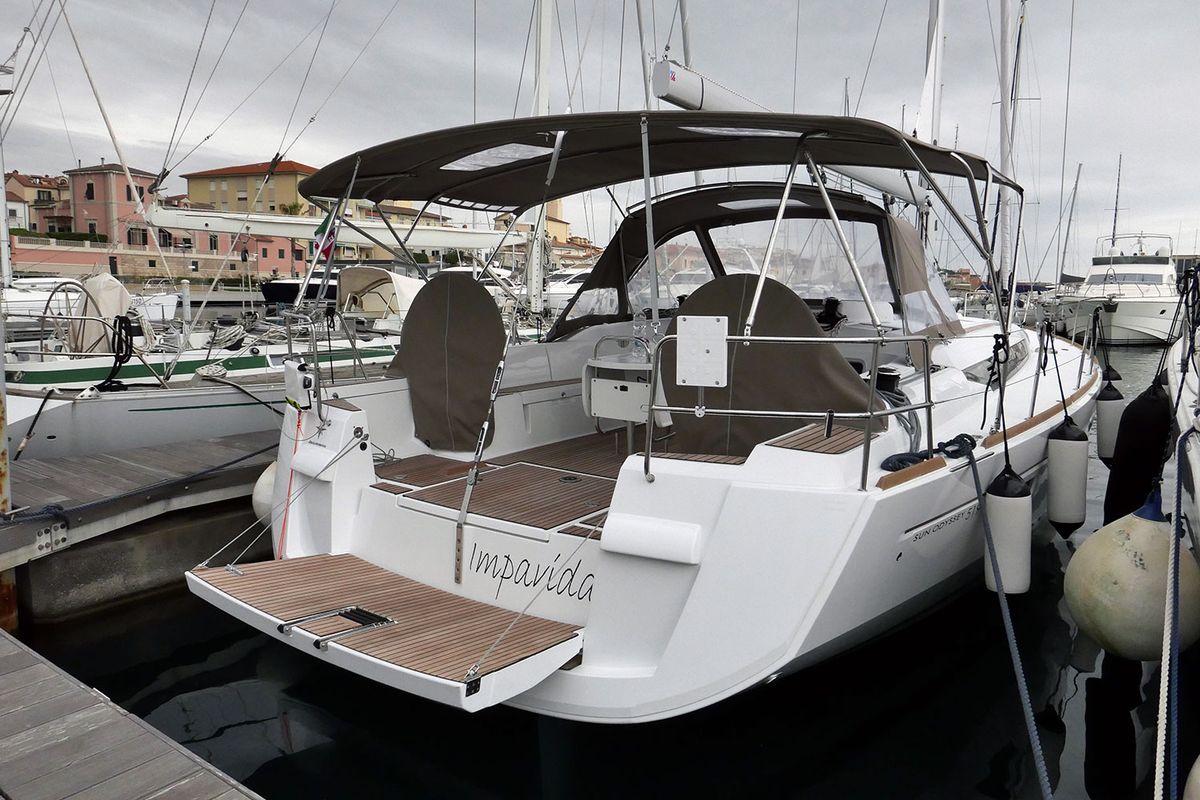 Exterior view of Impavida, a Jeanneau Sun Odyssey 519 sailboat at San Vincenzo, Italy