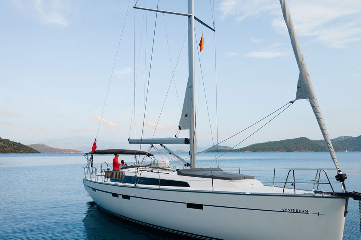 Exterior view of Amsterdam, a Bavaria Cruiser 46 sailboat at Fethiye, Turkey