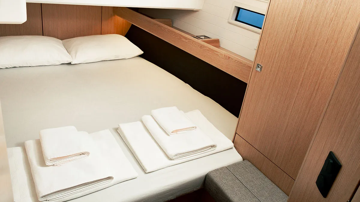 Cabin on Amsterdam, a Bavaria Cruiser 46 sailboat at Fethiye, Turkey