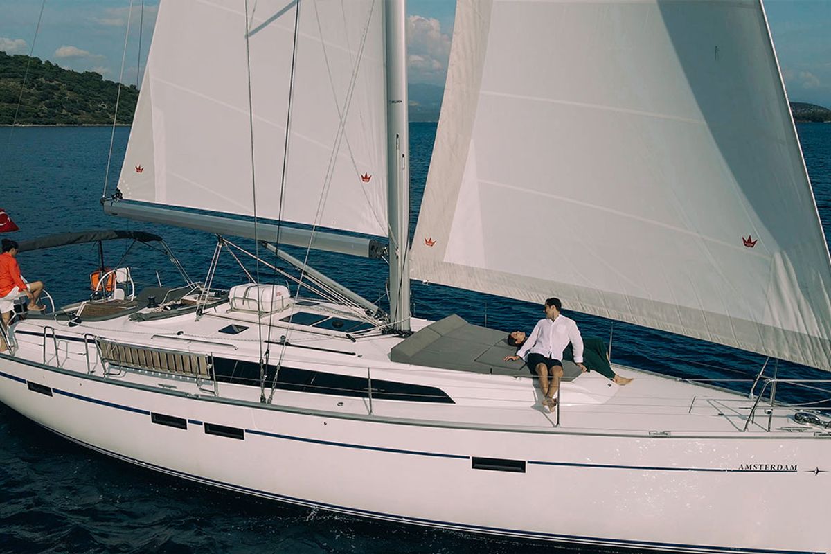 Exterior view of Amsterdam, a Bavaria Cruiser 46 sailboat at Fethiye, Turkey