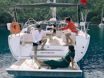 Deck of Amsterdam, a Bavaria Cruiser 46 sailboat at Fethiye, Turkey