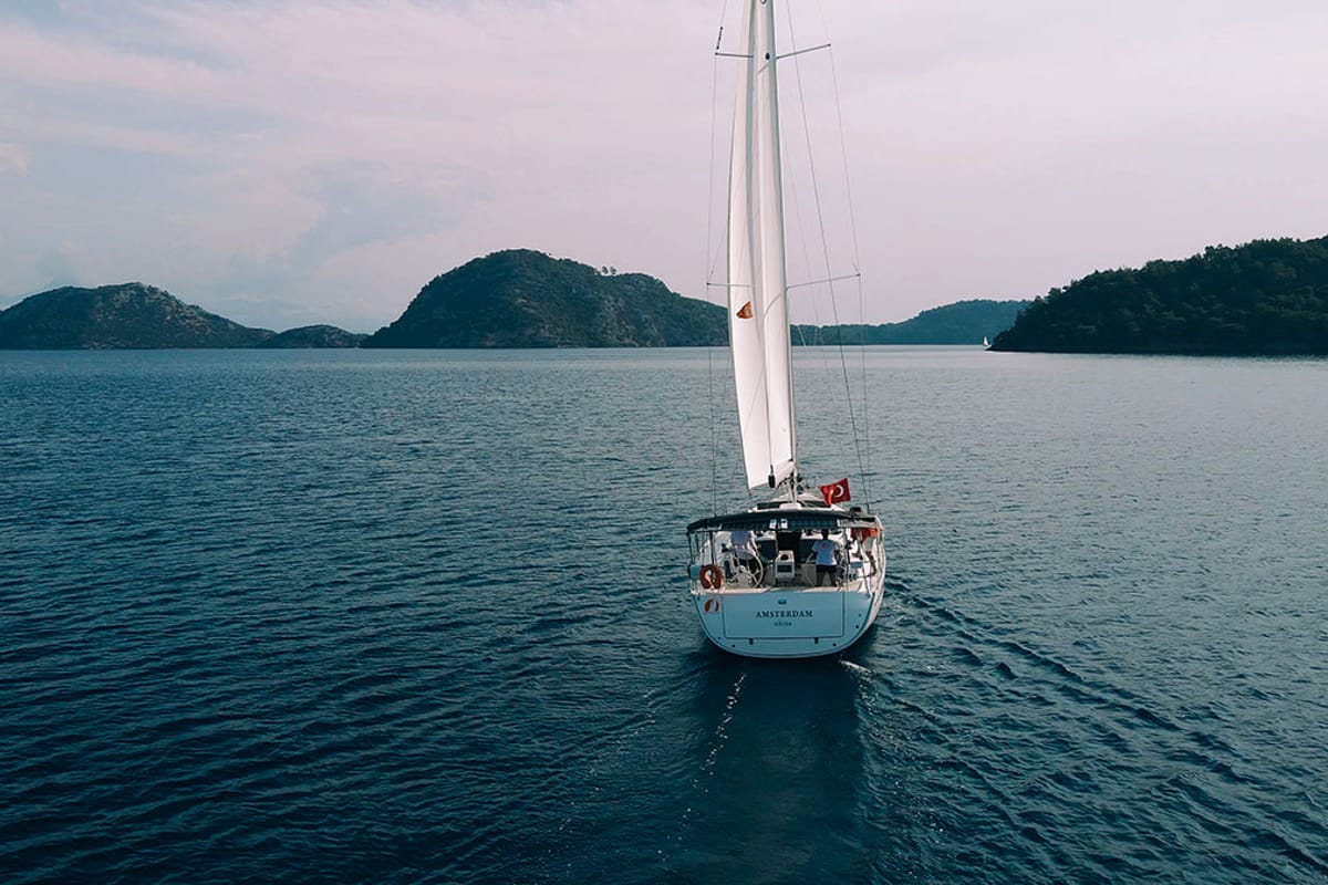 Exterior view of Amsterdam, a Bavaria Cruiser 46 sailboat at Fethiye, Turkey