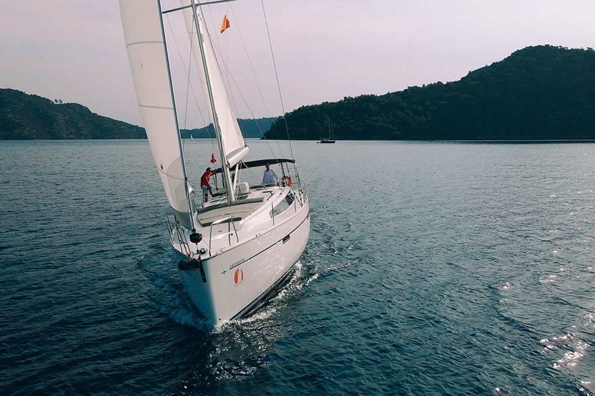 Exterior view of Amsterdam, a Bavaria Cruiser 46 sailboat at Fethiye, Turkey