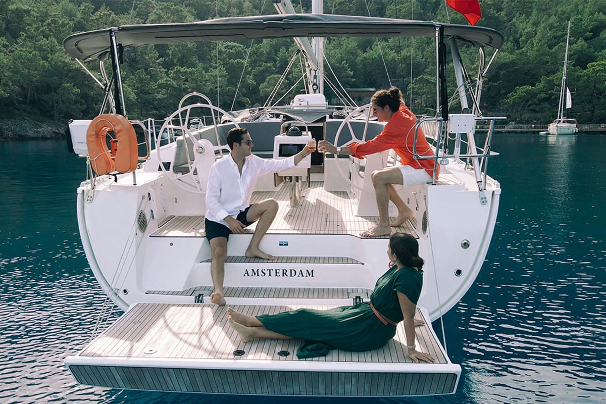Deck of Amsterdam, a Bavaria Cruiser 46 sailboat at Fethiye, Turkey