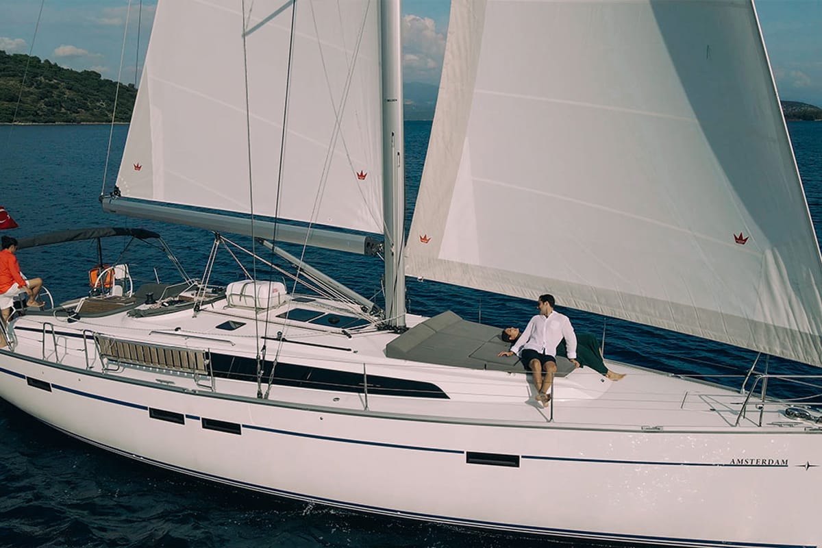 Deck of Amsterdam, a Bavaria Cruiser 46 sailboat at Fethiye, Turkey