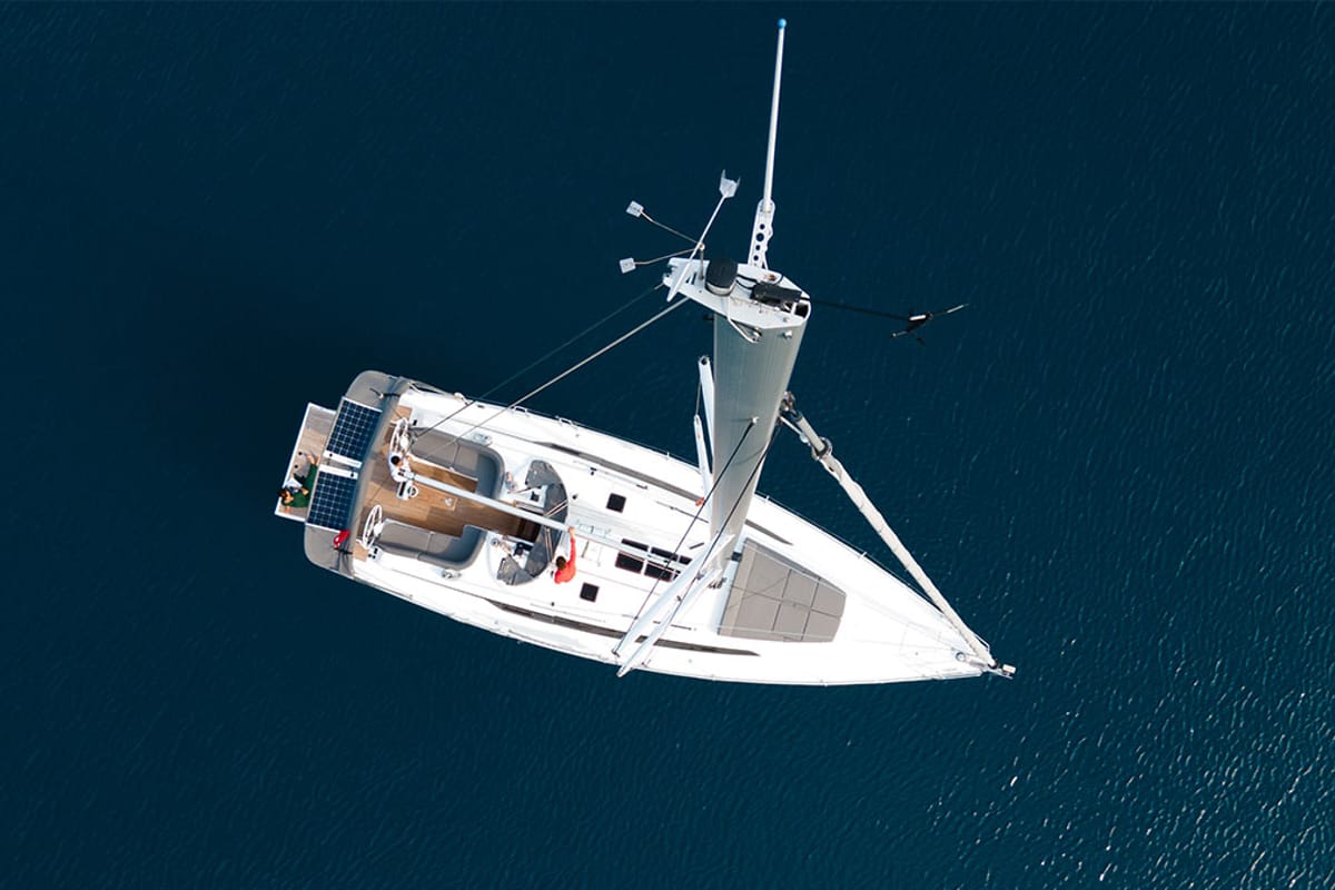 Exterior view of Amsterdam, a Bavaria Cruiser 46 sailboat at Fethiye, Turkey
