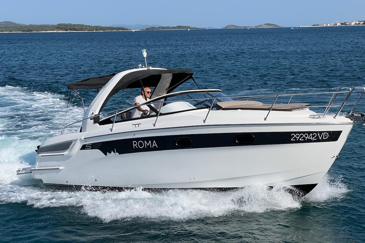 Exterior view of Roma, a Bavaria S29+ motorboat at Grad Biograd na Moru, Croatia
