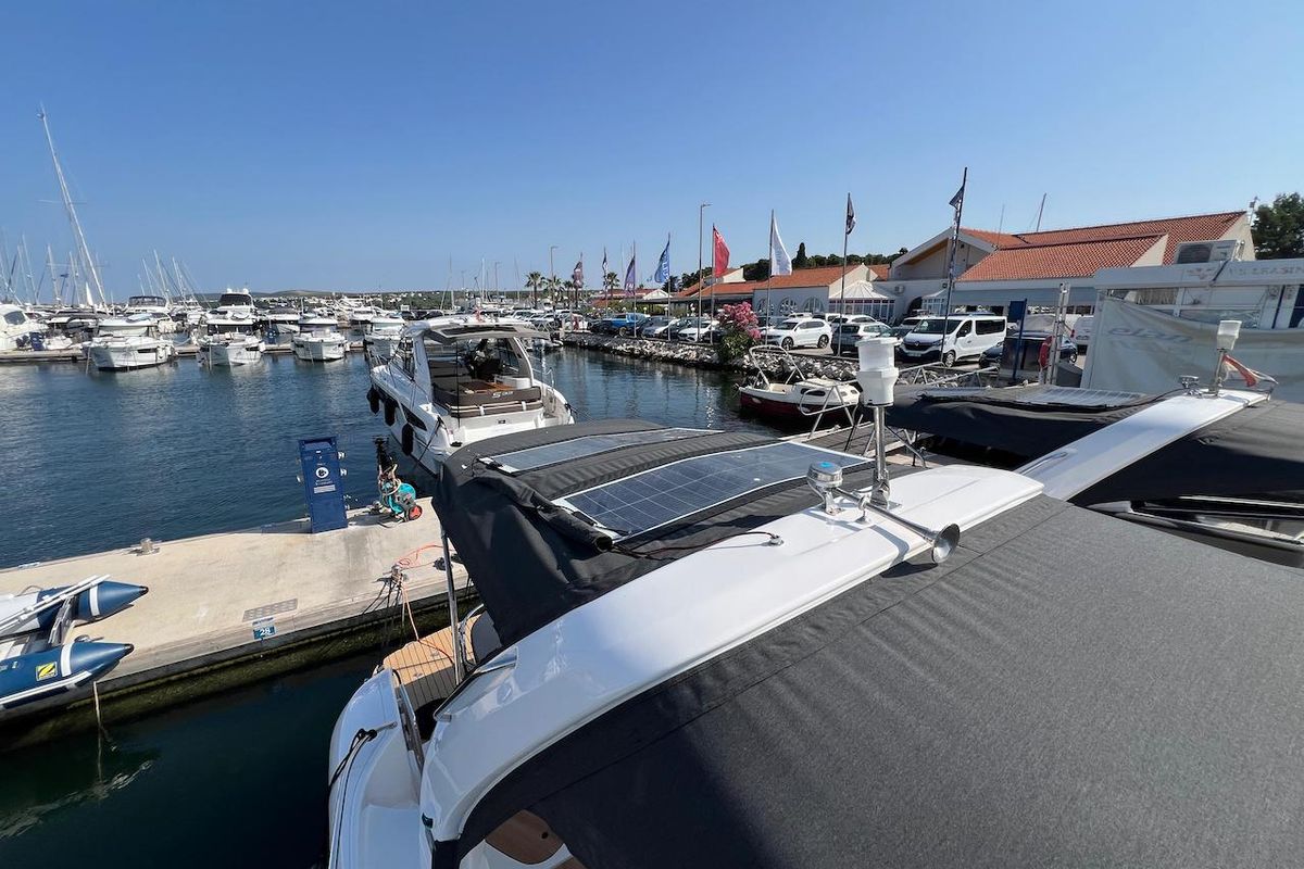 Deck of Roma, a Bavaria S29+ motorboat at Grad Biograd na Moru, Croatia