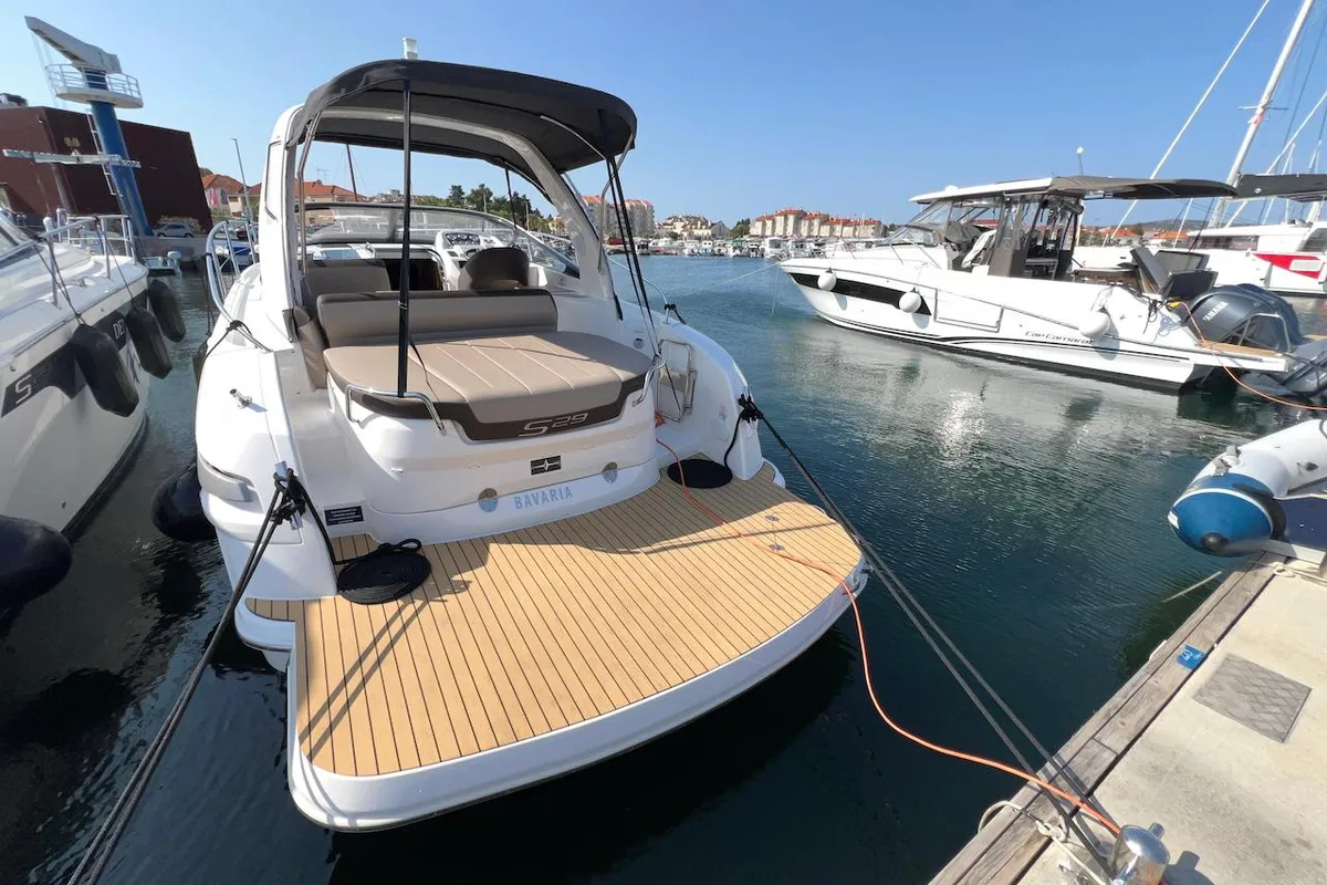 Exterior view of Roma, a Bavaria S29+ motorboat at Grad Biograd na Moru, Croatia