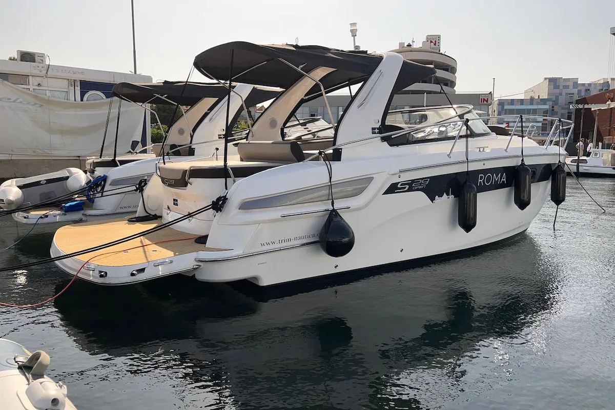 Exterior view of Roma, a Bavaria S29+ motorboat at Grad Biograd na Moru, Croatia