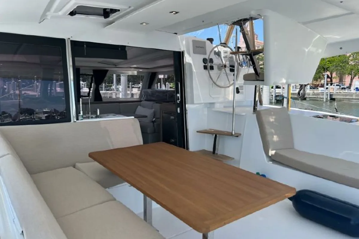 Deck of Second Wind, a Fountaine Pajot Aura 51 catamaran at Chesapeake, United States