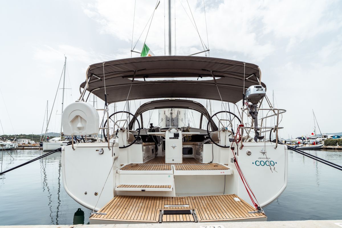 Exterior view of Coco, a Jeanneau Sun Odyssey 440 sailboat at Olbia, Italy