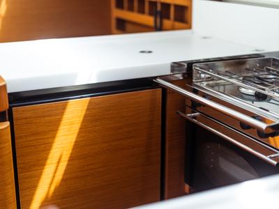 Galley of Coco, a Jeanneau Sun Odyssey 440 sailboat at Olbia, Italy