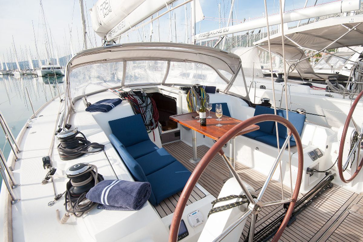 Deck of GALATA, a Beneteau First 45 sailboat at Grad Kaštela, Croatia