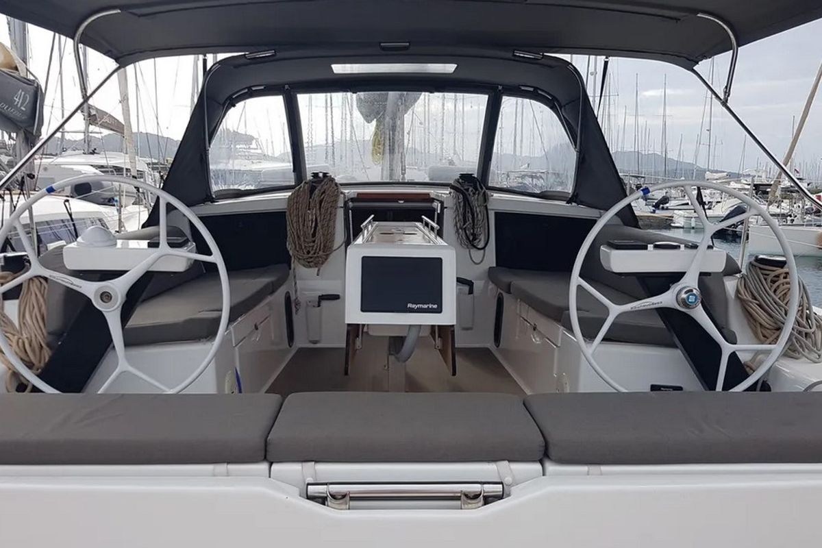 Cockpit of Andream, a Dufour 430 sailboat at Olbia, Italy