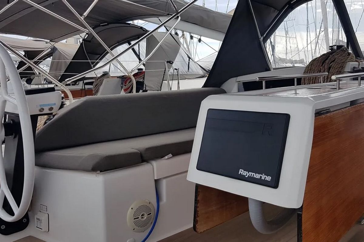 Cockpit of Andream, a Dufour 430 sailboat at Olbia, Italy
