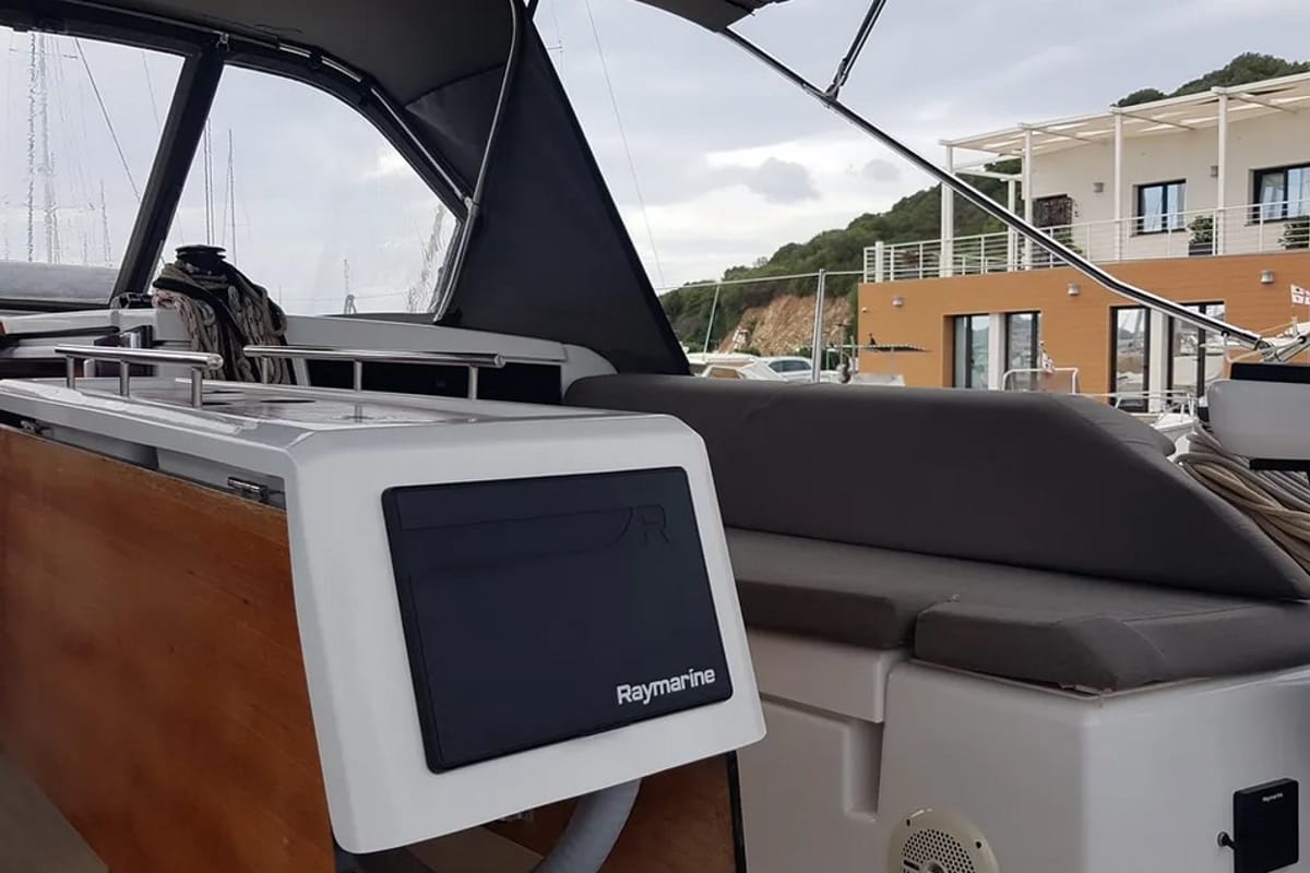 Cockpit of Andream, a Dufour 430 sailboat at Olbia, Italy