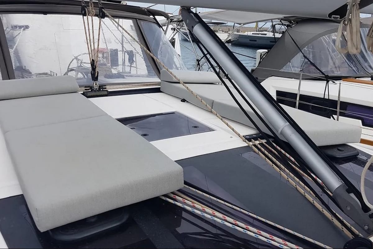Deck of Andream, a Dufour 430 sailboat at Olbia, Italy