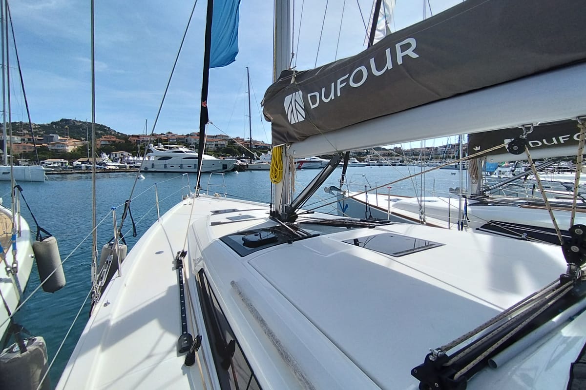 Deck of Andream, a Dufour 430 sailboat at Olbia, Italy