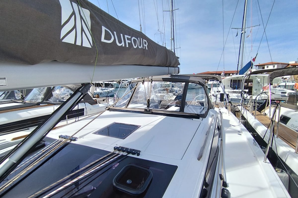 Deck of Andream, a Dufour 430 sailboat at Olbia, Italy
