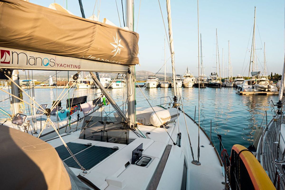 Deck of Filippos I, a Jeanneau Sun Odyssey 479 sailboat at Municipal Unit of Lefkada, Greece