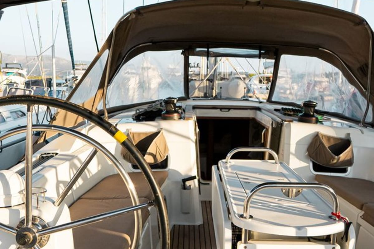 Cockpit of Filippos I, a Jeanneau Sun Odyssey 479 sailboat at Municipal Unit of Lefkada, Greece