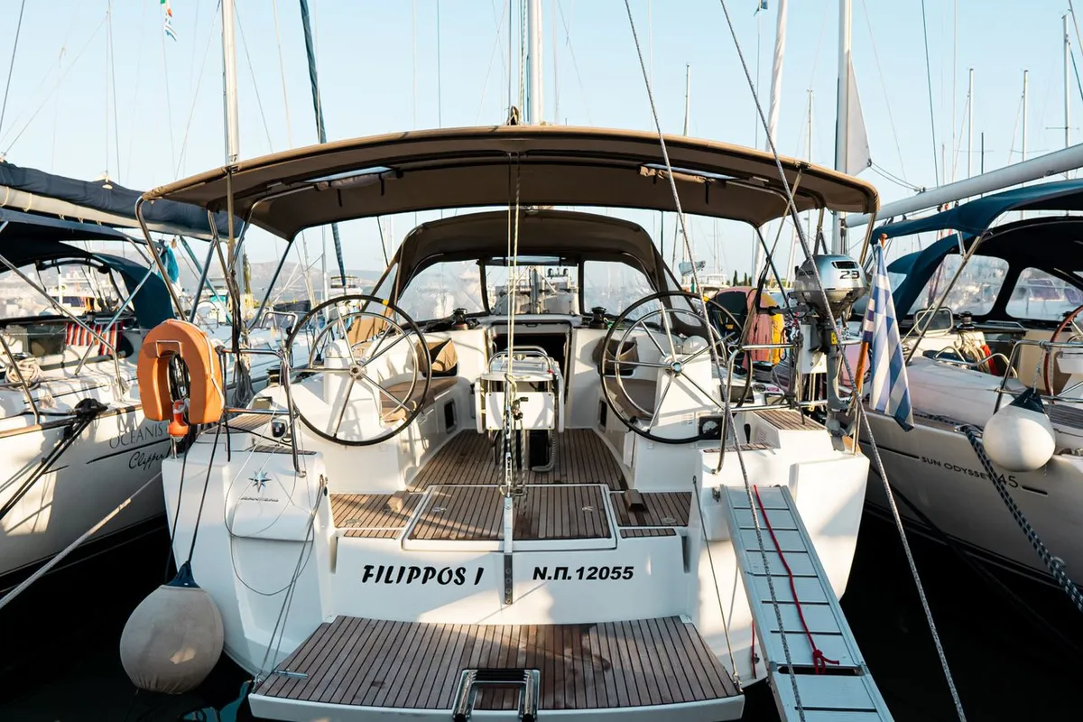 Cockpit of Filippos I, a Jeanneau Sun Odyssey 479 sailboat at Municipal Unit of Lefkada, Greece