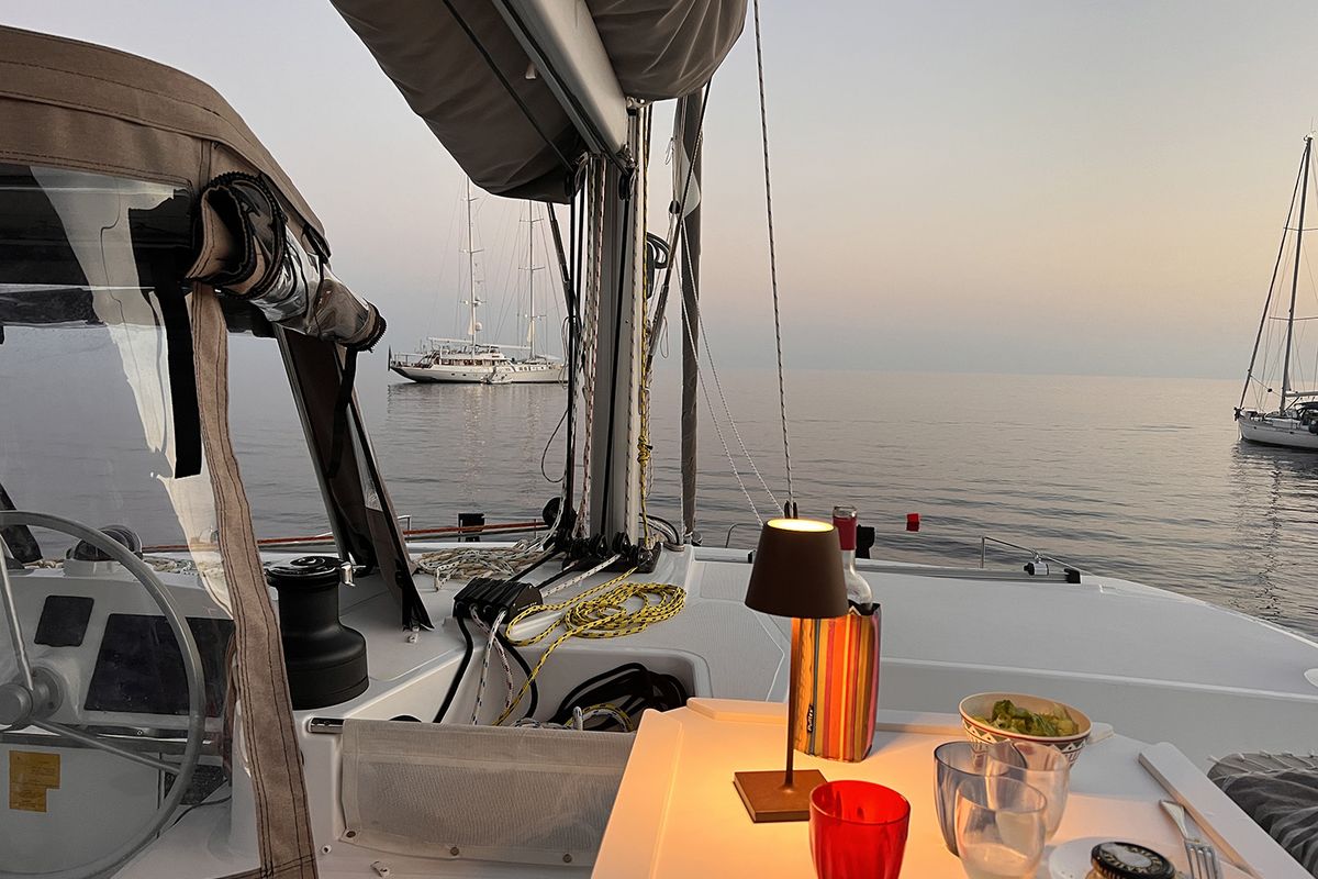 Deck of Bliss Luxury Catamaran, a Bali 4.4 catamaran at Capo d'Orlando, Italy