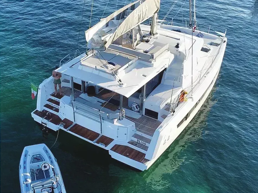 Exterior view of Bliss Luxury Catamaran, a Bali 4.4 catamaran at Capo d'Orlando, Italy